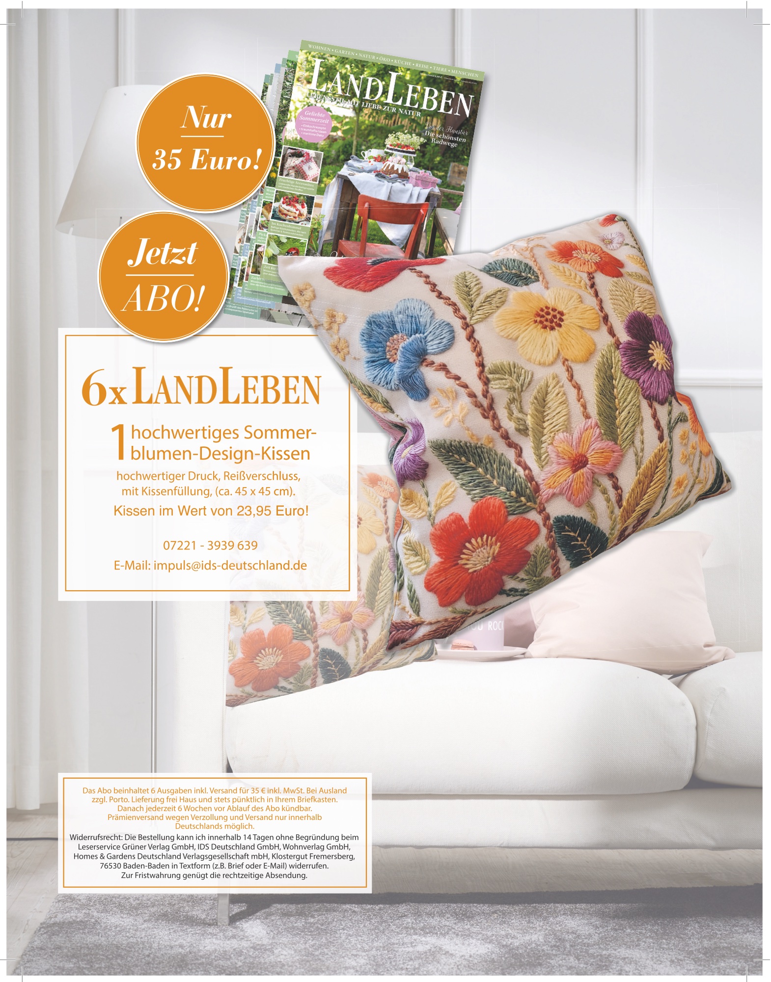 Abo-Anzeige: 6 Ausgaben LandLeben für 35 Euro mit hochwertigem Sommerblumen-Design-Kissen als Prämie