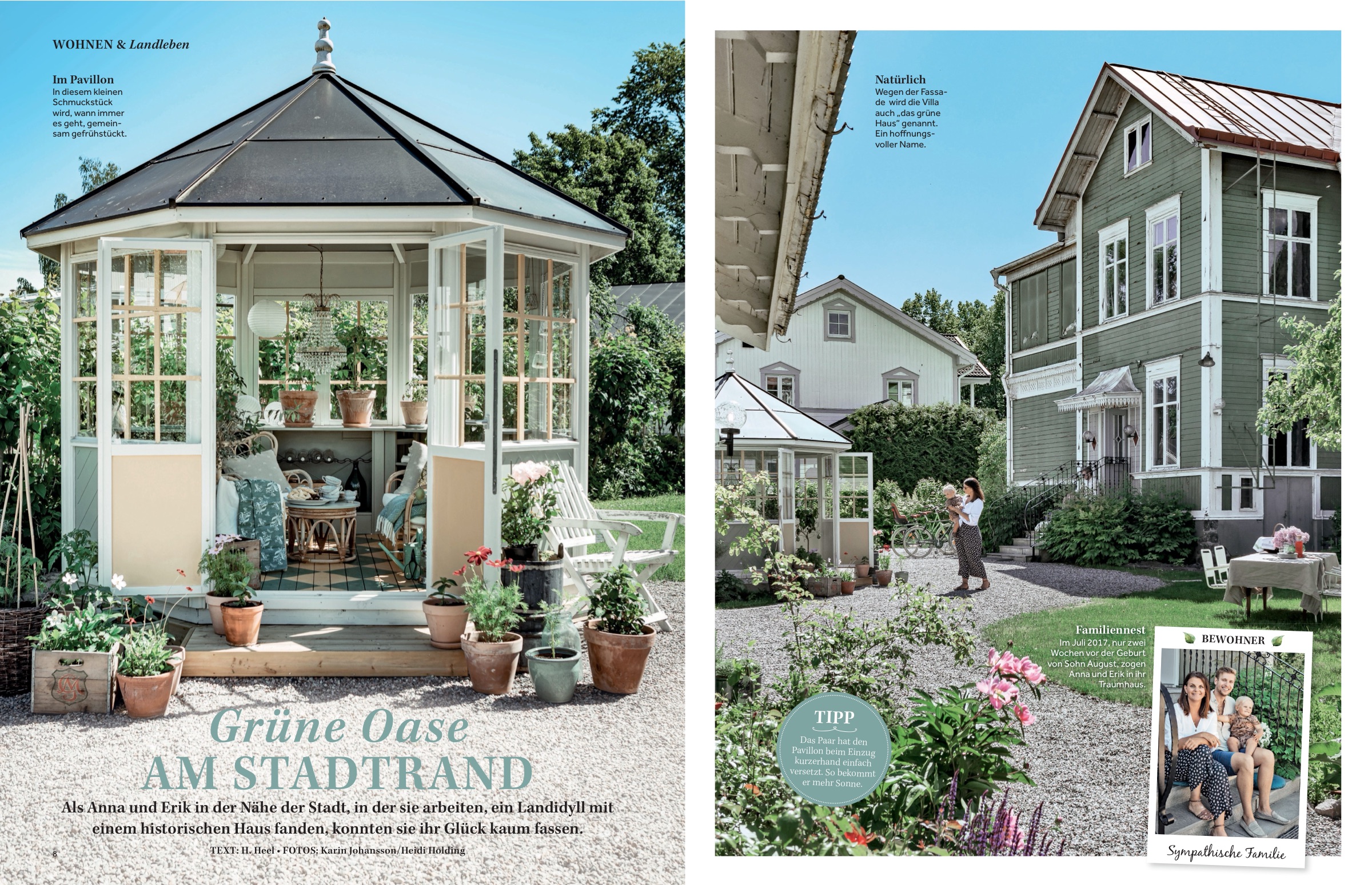 Heft-Doppelseite: Reportage „Grüne Oase am Stadtrand“ — Landidyll mit Gartenpavillon