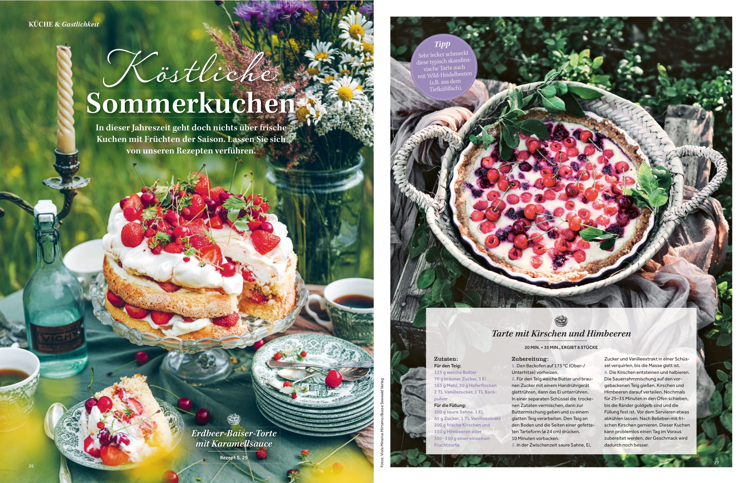 Heft-Doppelseite: „Köstliche Sommerkuchen“ — Erdbeer-Baiser-Torte und Beeren-Tarte